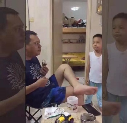 “惡人自有惡人磨”，爸爸讓不寫作業(yè)的兒子看自己吃冰淇淋